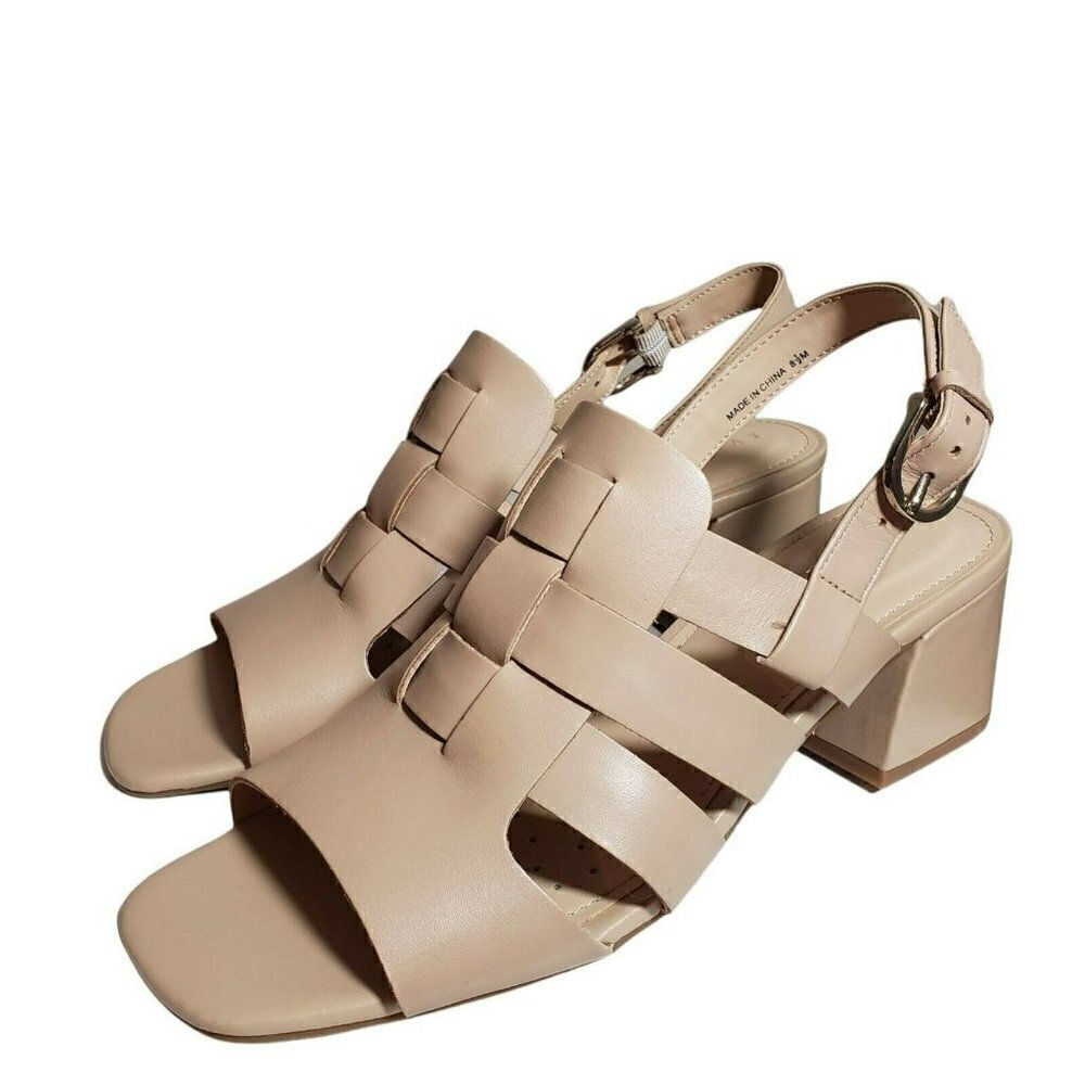 Evolve Women Light Natural Leather Open Toe Slingback Block Heels Sandals Sz 8.5